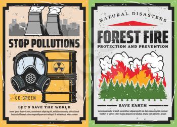 Save the World vector concept of stop pollutions and forest fire prevention retro posters. Burning trees with flame and smokes, gas mask, toxic waste and plant fuming pipes. Ecology, natural disaster
