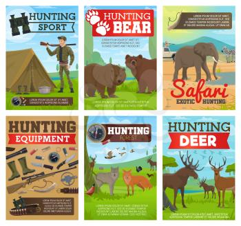 Hunting sport equipment, safari and forest animals vector posters. Hunters, guns and rifles, ducks, bears and elephant, deer, wolf and zebra, knife, binoculars and trap, tourist tent, cartridge belt