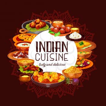 Indian cuisine vector design with spicy rice, seafood and lentil soups, chicken meat curry, vegetable stew and battered shrimps, paneer cheese, semolina cake and fried milk dessert. Restaurant menu