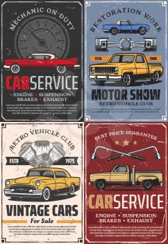 Vintage car motor show, auto service, repair and tuning vector design. Retro automobiles with vehicle engine spare parts, pistons and speedometer, wheel wrench and mechanic garage work tools