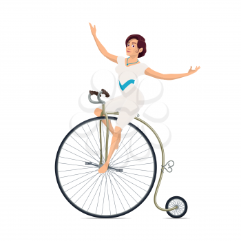 Circus acrobat of carnival show performer riding vintage bicycle. Girl rider with gymnastic suit and bike isolated symbol, amusement park chapiteau performance and entertainment themes