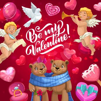 Valentines Day greeting vector card of love hearts, Cupids and gift, wedding ring, pink balloons and candies, couple of bear toy, ice cream and dove bird, present box and ribbon bow