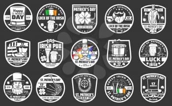 St Patrick day beer pub and bar icons. Vector Saint Patrick with beer pint, Irish flag and leprechaun hat on beard, horseshoe and shamrock clover leaf, coins rainbow in cauldron