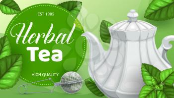 Herbal tea green leaves, teapot with steam of hot beverage and infuser mesh spoon vector design. Drink accessories with fresh foliage of mint, peppermint and sage, lemon balm, oregano and nettle