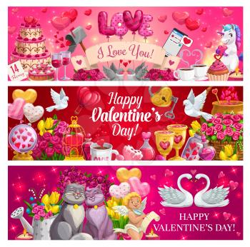 Romantic love gifts of Valentines Day vector banners. Hearts, flower bouquets and chocolate, Cupid, february calendar and message, red balloons, loving couples of cat, dove and swan, key and padlock