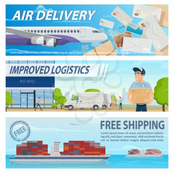 Mail delivery, logistics and freight transportation service. Vector air mail delivery, train and ship container cargo freight, mailman or post courier delivering parcels shipping and letter envelopes