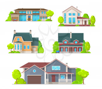 Houses and cottages, village residential buildings vector icons. Real estate and private property architecture, mansions and villas, townhouse apartments and family houses with garage and garden
