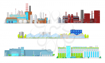 Inustrial buildings and factory facilities. Industrial plant vector icons of oil refinery, coal mining, car manufacturing and machine engineering, pharmaceutical industry
