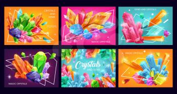 Crystals and gem stones with abstract geometric shapes. Vector gemstones, mineral rocks and jewels, diamonds, quartz and amethyst, pink glass, blue sapphire and citrine, opal, precious jewelry design