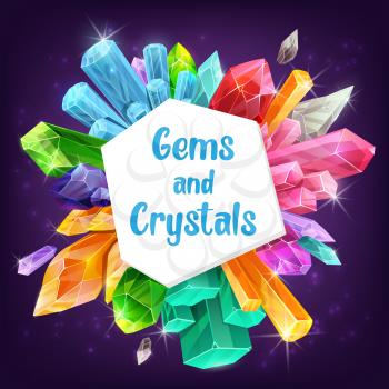 Gems, crystals and minerals with vector gemstones and precious stones of diamond, quartz and sapphire with sparkles. Amethyst, opal and emerald, glass, citrine and topaz, magic crystals and geology