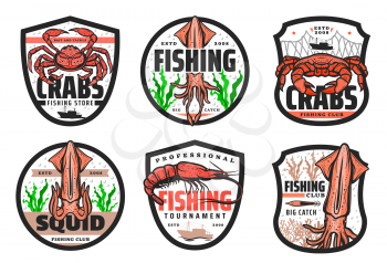 Fishing club, seafood catch tournament and fishery store icons. Vector fisher equipment tackles, rods and lures for sea crab, ocean lobster and squid, shrimp and prawn in ship net