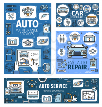 Car maintenance service, automobile repair and diagnostics auto center. Vector thin line posters, car tow truck and engine oil replacement, wheel tire fitting, car wash and mechanic restoration