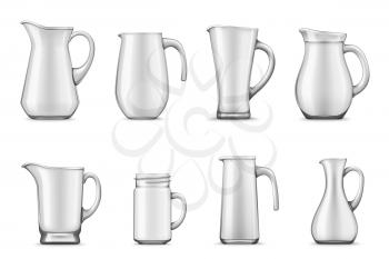 Pitchers, jugs and jar mug 3d vector design. Empty white ceramic or porcelain tableware of realistic cup and containers with handles and spouts, kitchen utensils and kitchenware themes