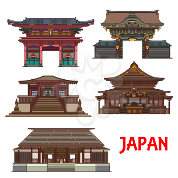 Travel landmarks of Japan vector design with Tokyo religious building icons. Shinto Buddhism Temple Nishi Hongan-ji, Nogi Shrine and Gate of Shinto Nezu Shrine, Zensho-an and Jokoji Buddhist Temples