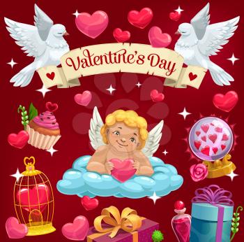 Valentine day love hearts and cupid angel on cloud. Vector Valentine day love message ribbon and doves, heart in golden cage and wedding gift box, magic potion and roses flowers