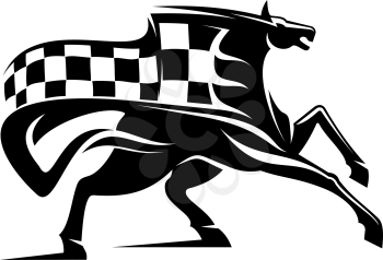 Racing sport mascot isolated horse and checkered flag. Vector equestrian races, monochrome mustang stallion