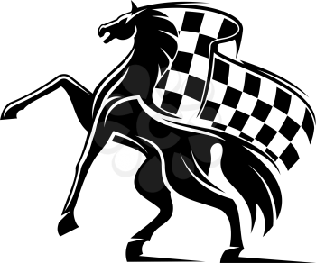 Horse race icon with checkered flag and stallion. Vector running mustang, equestrian sport mascot