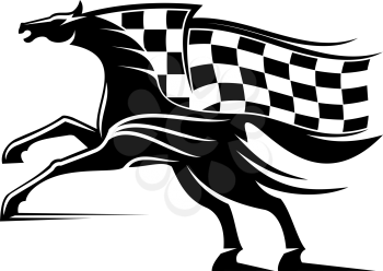 Horse race icon with checkered flag and stallion. Vector running mustang, equestrian sport mascot