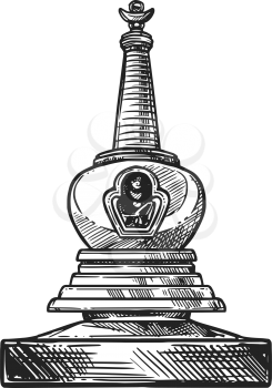 Buddhism religious symbol, stupa shrine. Buddhist worship and Hinduism Dharma religion vector sketch stupa