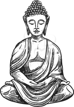 Buddhism religious symbol, Buddha meditation. Buddhist Hinduism Dharma religion, Buddha lotus vector sketch