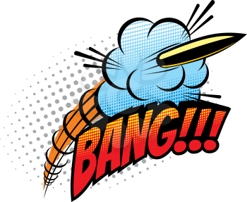 Comic sound blast, bubble chat cartoon comic book icon. Vector Bang sound blast of bullet shooting explosion, comic pop art bubble cloud