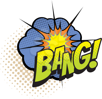 Comic book sound blast, Bang cloud cartoon halftone pop art icon. Vector Bang sound blast and shot explosion cloud