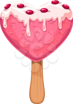 Heart-shaped strawberry ice cream on stick isolated dessert. Vector icecream with sugar topping and candies