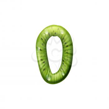 0 number of kiwi fruit isolated. Vector zero and green tropical food with water drops