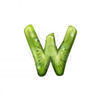 Green letter W of kiwi fruit isolated ABC symbol. Vector summer alphabet sign with water drops