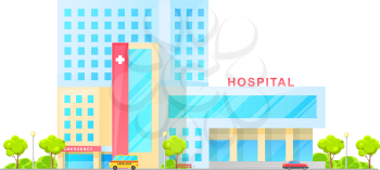 Hospital and ambulance car isolated emergency center. Vector medical polyclinic with cross sign