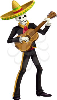 Human skeleton in sombrero hat and black suit playing on guitar. Vector Cinco de Mayo day of dead