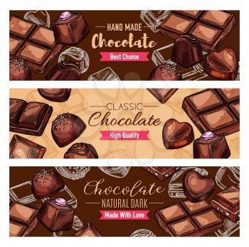 Chocolate candies and hand made sweet desserts sketch package. Vector dark choco candies with praline, nuts or cocoa topping, bitter chocolate candy and milk bars