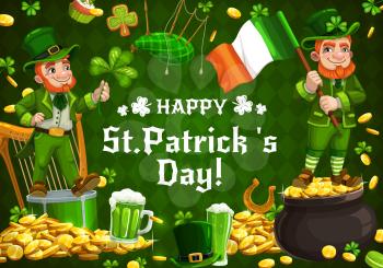 Happy Saint Patrick day, shamrock pattern background with leprechaun and Ireland flag. Vector St Patrick Irish holiday celebration luck symbol, clover leaf, golden horseshoe and bagpipes