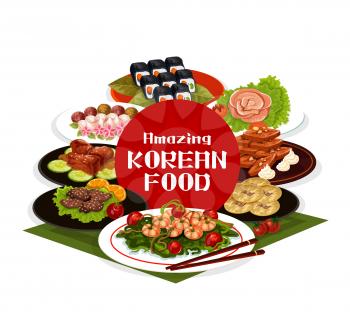 Korean cuisine restaurant menu cover, traditional food dishes cooking recipes. Vector kimbap rolls, seafood salad and bibimpab bowl pot, fried shrimp with spinach, chopsticks and namse chon