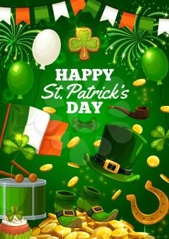 Happy St. Patricks day lettering greetings, holiday attributes. Vector garlands in color of Irish flag, leprechauns hat and shoes, lucky horseshoe, balloons and fireworks. Piles of gold coins, drum