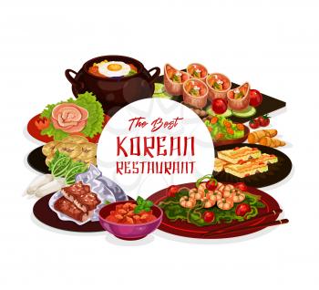 Korean cuisine restaurant menu, traditional food dishes. Vector bibimpab bowl pot, shrimps in spinach and flounder with daikon and pickled fish, yakwa sweet cookies and kimbap rolls