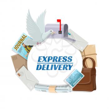 Post mail express delivery, daily correspondence letters and newspapers postage logistics service. Vector journals and magazines, envelopes and parcels, mailman courier delivery bag and postal pigeon