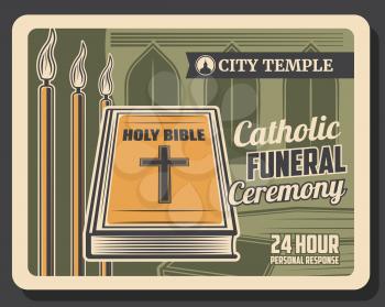 Funeral and farewell ceremony, Catholic requiem mass in temple, memorial service company retro poster. Vector Christian church, holy bible and memorial candles with RIP ribbon