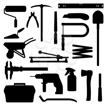Work tools, home repair, renovation and remodeling handy works equipment silhouette icons. Vector woodwork carpentry and construction tools, hammer, drill, saw and screwdriver, spade and paint roll