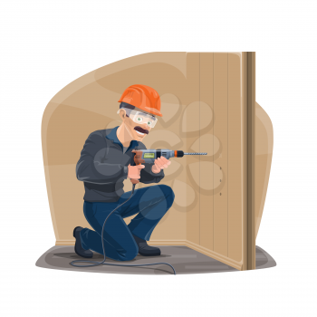Carpentry repairman with home remodeling and repair woodwork tools. Vector carpenter man in safety hat with electric drill assemble furniture or repairing and constructing house