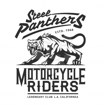 Motorcycle bikers club emblem, motorbike racing and gang custom garage icon. Vector Steel Panthers Legendary American California bikers club sign, grunge T-shirt print