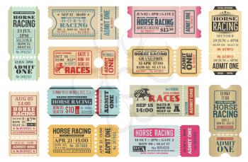 Horse racing ticket vector templates of equestrian sport competition. Hippodrome event admit one cards with race horse animals, jockey riders and racing flags, old paper tickets and invitations design