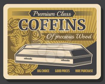 Funeral service company, premium class wood coffins vintage retro poster. Vector crematory and burial ceremony organization agency, RIP ribbons and funeral flowers wreath