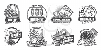 Buddhist religious symbols, meditation school and Buddhist cuisine restaurant sign. Vector Buddhism worship and Dharma wheel, spiritual enlightenment, monk in lotus, Yin Yang fish sign and temple drum