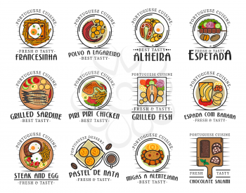 Portuguese cuisine food and traditional authentic meals, restaurant menu icons. Vector Portuguese francesinha, polvo a lagareiro and alheira, espetada and grilled sardine fish, piri chicken and espada