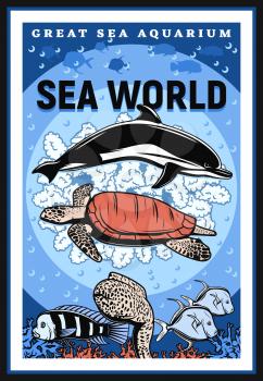 Oceanarium and sea underwater aquarium show vintage retro poster. Vector undersea animals, fishes and monsters, dolphins, water turtle or muraena and flounder, ocean fauna corals nature