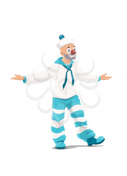 Circus clown cartoon character with sailor costume. Vector design of entertainment performance joker, comedian actor or carnival jester artist with funny face, makeup, sailorman hat and collar