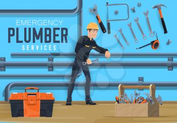 Plumber service, emergency water leakage and water pipeline plumbing. Vector worker man in uniform with spanner wrench tool, repair water sewage leakage, house gas or heating system pipes