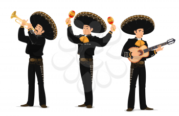 Mariachi mexican musicians band. Cartoon vector characters playing on guitar, trumpet and maracas instruments. Latino music band in Mexican sombrero and national costumes. Mariachi carnival musicians