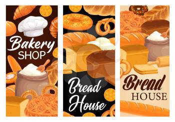 Bakery shop food banners with wheat bread and pastries. Vector baguette, croissant and french toasts, cereal bun, cookie, pie and bagel, donut, pretzel, challah and pita, baker hat and flour bag